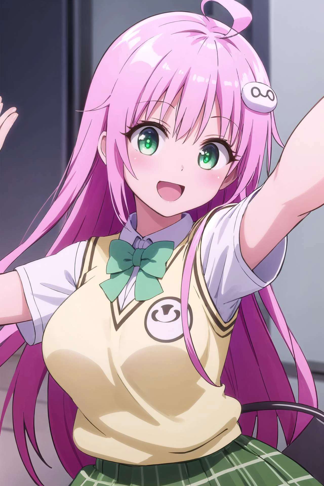 masterpiece, best quality,
<lora:lala deviluke darkness-lora-nochekaiser:1> lala deviluke, lala satalin deviluke, green eyes, eyelashes, pink hair, long hair, straight hair, ahoge, hair ornament, tail, demon tail, large breasts,
sainan high school uniform, school uniform, shirt, white shirt, collared shirt, bowtie, green bowtie, short sleeves, sweater vest, yellow sweater, skirt, green skirt, pleated skirt, plaid skirt,
heart background, upper body, reaching,
blush, smile, open mouth, :d,