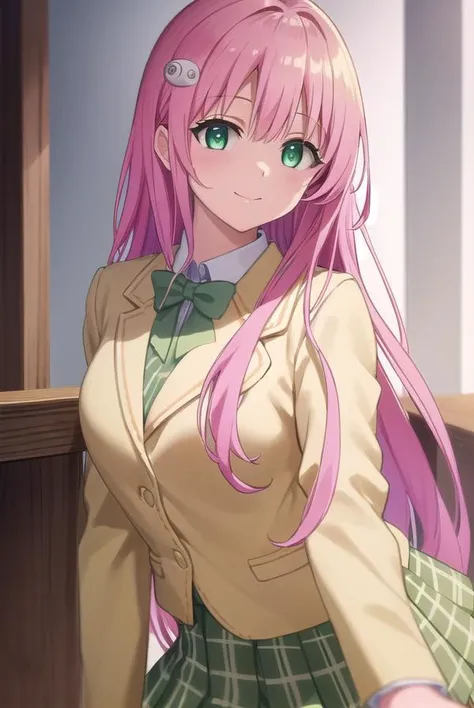 laladevilluke, <lora:lala deviluke darkness-lora-nochekaiser:1>,
lala deviluke, long hair, pink hair, tail, ahoge, bangs, hair ornament, (green eyes:1.5), smile,
BREAK school uniform, white shirt, (yellow blazer:1.5), blazer, ribbon, green ribbon, pleated, pleated skirt, skirt, (green skirt:1.5),
BREAK indoors, classroom,
BREAK looking at viewer, (cowboy shot:1.5),
BREAK <lyco:GoodHands-beta2:1>, (masterpiece:1.2), best quality, high resolution, unity 8k wallpaper, (illustration:0.8), (beautiful detailed eyes:1.6), extremely detailed face, perfect lighting, extremely detailed CG, (perfect hands, perfect anatomy),