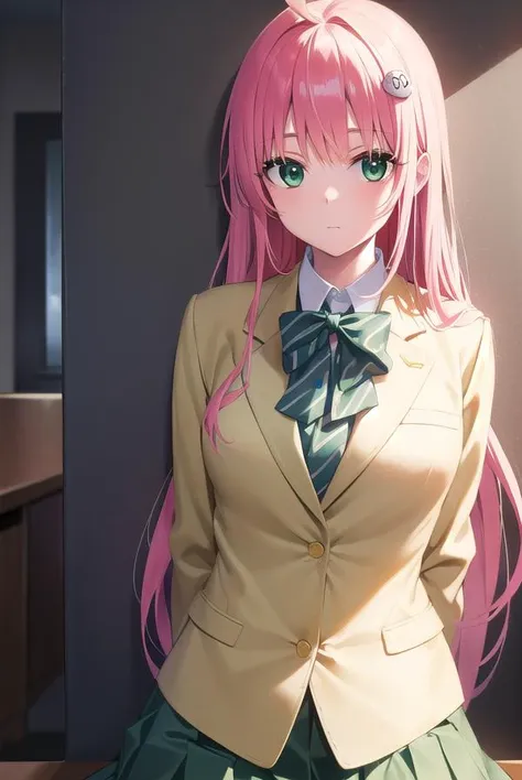 laladevilluke, <lora:laladeviluke-lora-nochekaiser:1>,
lala deviluke, long hair, pink hair, tail, ahoge, bangs, hair ornament, (green eyes:1.5),
BREAK school uniform, white shirt, (yellow blazer:1.5), blazer, ribbon, green ribbon, pleated, pleated skirt, skirt, (green skirt:1.5),
BREAK indoors, classroom,
BREAK looking at viewer, (cowboy shot:1.5),
BREAK <lyco:GoodHands-beta2:1>, (masterpiece:1.2), best quality, high resolution, unity 8k wallpaper, (illustration:0.8), (beautiful detailed eyes:1.6), extremely detailed face, perfect lighting, extremely detailed CG, (perfect hands, perfect anatomy),
