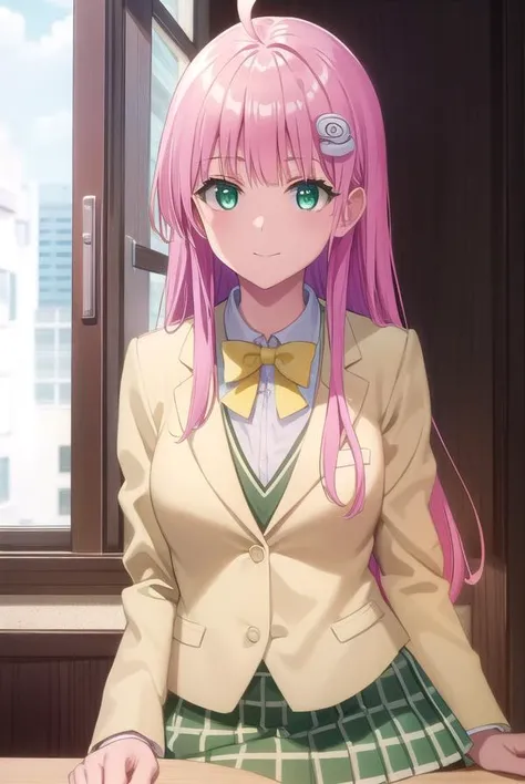 laladevilluke, <lora:lala deviluke darkness-lora-nochekaiser:1>,
lala deviluke, long hair, pink hair, tail, ahoge, bangs, hair ornament, (green eyes:1.5), smile,
BREAK school uniform, white shirt, (yellow blazer:1.5), blazer, ribbon, green ribbon, pleated, pleated skirt, skirt, (green skirt:1.5),
BREAK indoors, classroom,
BREAK looking at viewer, (cowboy shot:1.5),
BREAK <lyco:GoodHands-beta2:1>, (masterpiece:1.2), best quality, high resolution, unity 8k wallpaper, (illustration:0.8), (beautiful detailed eyes:1.6), extremely detailed face, perfect lighting, extremely detailed CG, (perfect hands, perfect anatomy),