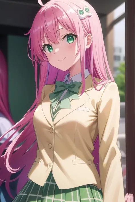 laladevilluke, <lora:lala deviluke darkness-lora-nochekaiser:1>,
lala deviluke, long hair, pink hair, tail, ahoge, bangs, hair ornament, (green eyes:1.5), smile,
BREAK school uniform, white shirt, (yellow blazer:1.5), blazer, ribbon, green ribbon, pleated, pleated skirt, skirt, (green skirt:1.5),
BREAK indoors, classroom,
BREAK looking at viewer, (cowboy shot:1.5),
BREAK <lyco:GoodHands-beta2:1>, (masterpiece:1.2), best quality, high resolution, unity 8k wallpaper, (illustration:0.8), (beautiful detailed eyes:1.6), extremely detailed face, perfect lighting, extremely detailed CG, (perfect hands, perfect anatomy),