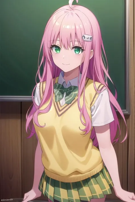 laladevilluke, <lora:lala deviluke darkness-lora-nochekaiser:1>,
lala deviluke, long hair, pink hair, tail, ahoge, bangs, hair ornament, (green eyes:1.5), smile,
BREAK demon tail, green skirt, plaid, plaid skirt, sainan high school uniform, school uniform, skirt, sweater vest, thighhighs, (yellow sweater:1.5), short sleeves, bow, (green bow:1.5),
BREAK indoors, classroom,
BREAK looking at viewer, (cowboy shot:1.5),
BREAK <lyco:GoodHands-beta2:1>, (masterpiece:1.2), best quality, high resolution, unity 8k wallpaper, (illustration:0.8), (beautiful detailed eyes:1.6), extremely detailed face, perfect lighting, extremely detailed CG, (perfect hands, perfect anatomy),