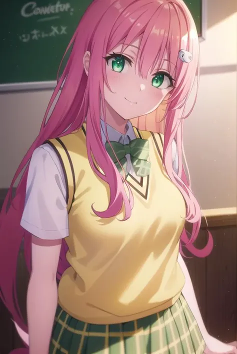 laladevilluke, <lora:lala deviluke darkness-lora-nochekaiser:1>,
lala deviluke, long hair, pink hair, tail, ahoge, bangs, hair ornament, (green eyes:1.5), smile,
BREAK demon tail, green skirt, plaid, plaid skirt, sainan high school uniform, school uniform, skirt, sweater vest, thighhighs, (yellow sweater:1.5), short sleeves, bow, (green bow:1.5),
BREAK indoors, classroom,
BREAK looking at viewer, (cowboy shot:1.5),
BREAK <lyco:GoodHands-beta2:1>, (masterpiece:1.2), best quality, high resolution, unity 8k wallpaper, (illustration:0.8), (beautiful detailed eyes:1.6), extremely detailed face, perfect lighting, extremely detailed CG, (perfect hands, perfect anatomy),