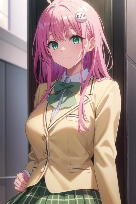 laladevilluke, <lora:lala deviluke darkness-lora-nochekaiser:1>,
lala deviluke, long hair, pink hair, tail, ahoge, bangs, hair ornament, (green eyes:1.5), smile,
BREAK school uniform, white shirt, (yellow blazer:1.5), blazer, ribbon, green ribbon, pleated, pleated skirt, skirt, (green skirt:1.5),
BREAK indoors, classroom,
BREAK looking at viewer, (cowboy shot:1.5),
BREAK <lyco:GoodHands-beta2:1>, (masterpiece:1.2), best quality, high resolution, unity 8k wallpaper, (illustration:0.8), (beautiful detailed eyes:1.6), extremely detailed face, perfect lighting, extremely detailed CG, (perfect hands, perfect anatomy),