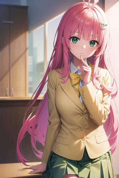 laladevilluke, <lora:laladeviluke-lora-nochekaiser:1>,
lala deviluke, long hair, pink hair, tail, ahoge, bangs, hair ornament, (green eyes:1.5),
BREAK school uniform, white shirt, (yellow blazer:1.5), blazer, ribbon, green ribbon, pleated, pleated skirt, skirt, (green skirt:1.5),
BREAK indoors, classroom,
BREAK looking at viewer, (cowboy shot:1.5),
BREAK <lyco:GoodHands-beta2:1>, (masterpiece:1.2), best quality, high resolution, unity 8k wallpaper, (illustration:0.8), (beautiful detailed eyes:1.6), extremely detailed face, perfect lighting, extremely detailed CG, (perfect hands, perfect anatomy),