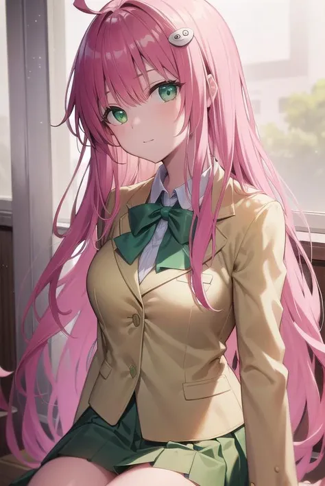 laladevilluke, <lora:laladeviluketest:1>,
lala deviluke, long hair, pink hair, tail, ahoge, bangs, hair ornament, (green eyes:1.5),
BREAK school uniform, white shirt, (yellow blazer:1.5), blazer, ribbon, green ribbon, pleated, pleated skirt, skirt, (green skirt:1.5),
BREAK looking at viewer,
BREAK indoors, classroom,
BREAK <lora:GoodHands-vanilla:1>, (masterpiece:1.2), best quality, high resolution, unity 8k wallpaper, (illustration:0.8), (beautiful detailed eyes:1.6), extremely detailed face, perfect lighting, extremely detailed CG, (perfect hands, perfect anatomy),