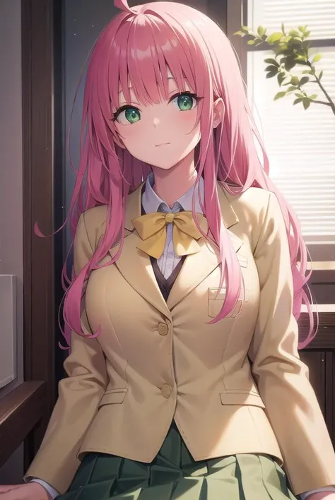 laladevilluke, <lora:laladeviluketest:1>,
lala deviluke, long hair, pink hair, tail, ahoge, bangs, hair ornament, (green eyes:1.5),
BREAK school uniform, white shirt, (yellow blazer:1.5), blazer, ribbon, green ribbon, pleated, pleated skirt, skirt, (green skirt:1.5),
BREAK looking at viewer,
BREAK indoors, classroom,
BREAK <lora:GoodHands-vanilla:1>, (masterpiece:1.2), best quality, high resolution, unity 8k wallpaper, (illustration:0.8), (beautiful detailed eyes:1.6), extremely detailed face, perfect lighting, extremely detailed CG, (perfect hands, perfect anatomy),