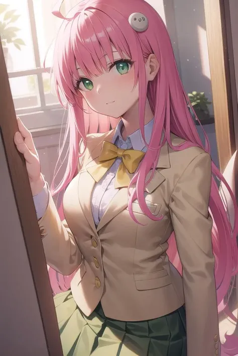 laladevilluke, <lora:laladeviluketest:1>,
lala deviluke, long hair, pink hair, tail, ahoge, bangs, hair ornament, (green eyes:1.5),
BREAK school uniform, white shirt, (yellow blazer:1.5), blazer, ribbon, green ribbon, pleated, pleated skirt, skirt, (green skirt:1.5),
BREAK looking at viewer,
BREAK indoors, classroom,
BREAK <lora:GoodHands-vanilla:1>, (masterpiece:1.2), best quality, high resolution, unity 8k wallpaper, (illustration:0.8), (beautiful detailed eyes:1.6), extremely detailed face, perfect lighting, extremely detailed CG, (perfect hands, perfect anatomy),
