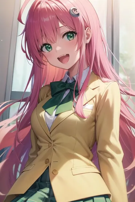 laladevilluke, <lora:laladeviluke-lora-nochekaiser:1>,
lala deviluke, long hair, pink hair, tail, ahoge, bangs, hair ornament, (green eyes:1.5), <lora:talkmouth_A_v100:0.8>, open mouth,
BREAK school uniform, white shirt, (yellow blazer:1.5), blazer, ribbon, green ribbon, pleated, pleated skirt, skirt, (green skirt:1.5),
BREAK indoors, classroom,
BREAK looking at viewer, (cowboy shot:1.5),
BREAK <lyco:GoodHands-beta2:1>, (masterpiece:1.2), best quality, high resolution, unity 8k wallpaper, (illustration:0.8), (beautiful detailed eyes:1.6), extremely detailed face, perfect lighting, extremely detailed CG, (perfect hands, perfect anatomy),