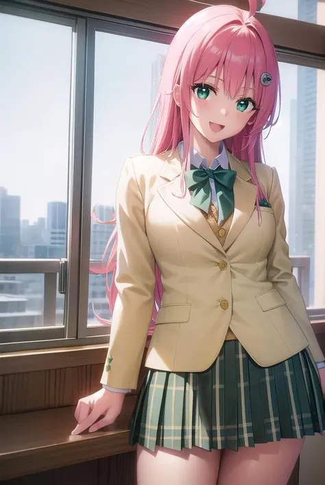 laladevilluke, <lora:laladeviluke-lora-nochekaiser:1>,
lala deviluke, long hair, pink hair, tail, ahoge, bangs, hair ornament, (green eyes:1.5), <lora:talkmouth_A_v100:0.8>, open mouth,
BREAK school uniform, white shirt, (yellow blazer:1.5), blazer, ribbon, green ribbon, pleated, pleated skirt, skirt, (green skirt:1.5),
BREAK indoors, classroom,
BREAK looking at viewer, (cowboy shot:1.5),
BREAK <lyco:GoodHands-beta2:1>, (masterpiece:1.2), best quality, high resolution, unity 8k wallpaper, (illustration:0.8), (beautiful detailed eyes:1.6), extremely detailed face, perfect lighting, extremely detailed CG, (perfect hands, perfect anatomy),
