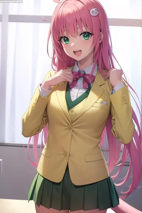 laladevilluke, <lora:laladeviluke-lora-nochekaiser:1>,
lala deviluke, long hair, pink hair, tail, ahoge, bangs, hair ornament, (green eyes:1.5), <lora:talkmouth_A_v100:0.8>, open mouth,
BREAK school uniform, white shirt, (yellow blazer:1.5), blazer, ribbon, green ribbon, pleated, pleated skirt, skirt, (green skirt:1.5),
BREAK indoors, classroom,
BREAK looking at viewer, (cowboy shot:1.5),
BREAK <lyco:GoodHands-beta2:1>, (masterpiece:1.2), best quality, high resolution, unity 8k wallpaper, (illustration:0.8), (beautiful detailed eyes:1.6), extremely detailed face, perfect lighting, extremely detailed CG, (perfect hands, perfect anatomy),