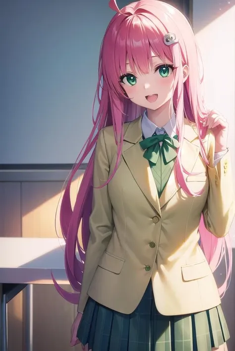 laladevilluke, <lora:laladeviluke-lora-nochekaiser:1>,
lala deviluke, long hair, pink hair, tail, ahoge, bangs, hair ornament, (green eyes:1.5), <lora:talkmouth_A_v100:0.8>, open mouth,
BREAK school uniform, white shirt, (yellow blazer:1.5), blazer, ribbon, green ribbon, pleated, pleated skirt, skirt, (green skirt:1.5),
BREAK indoors, classroom,
BREAK looking at viewer, (cowboy shot:1.5),
BREAK <lyco:GoodHands-beta2:1>, (masterpiece:1.2), best quality, high resolution, unity 8k wallpaper, (illustration:0.8), (beautiful detailed eyes:1.6), extremely detailed face, perfect lighting, extremely detailed CG, (perfect hands, perfect anatomy),