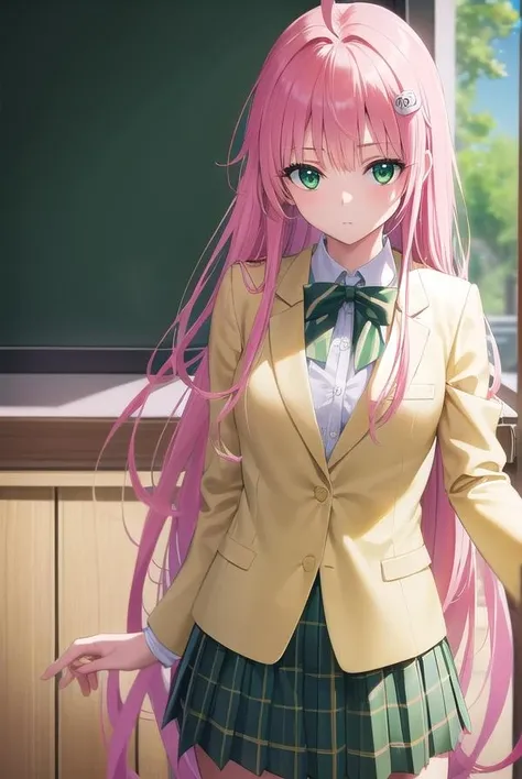 laladevilluke, <lora:laladeviluke-lora-nochekaiser:1>,
lala deviluke, long hair, pink hair, tail, ahoge, bangs, hair ornament, (green eyes:1.5),
BREAK school uniform, white shirt, (yellow blazer:1.5), blazer, ribbon, green ribbon, pleated, pleated skirt, skirt, (green skirt:1.5),
BREAK indoors, classroom,
BREAK looking at viewer, (cowboy shot:1.5),
BREAK <lyco:GoodHands-beta2:1>, (masterpiece:1.2), best quality, high resolution, unity 8k wallpaper, (illustration:0.8), (beautiful detailed eyes:1.6), extremely detailed face, perfect lighting, extremely detailed CG, (perfect hands, perfect anatomy),