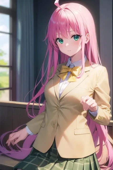 laladevilluke, <lora:laladeviluke-lora-nochekaiser:1>,
lala deviluke, long hair, pink hair, tail, ahoge, bangs, hair ornament, (green eyes:1.5),
BREAK school uniform, white shirt, (yellow blazer:1.5), blazer, ribbon, green ribbon, pleated, pleated skirt, skirt, (green skirt:1.5),
BREAK indoors, classroom,
BREAK looking at viewer, (cowboy shot:1.5),
BREAK <lyco:GoodHands-beta2:1>, (masterpiece:1.2), best quality, high resolution, unity 8k wallpaper, (illustration:0.8), (beautiful detailed eyes:1.6), extremely detailed face, perfect lighting, extremely detailed CG, (perfect hands, perfect anatomy),
