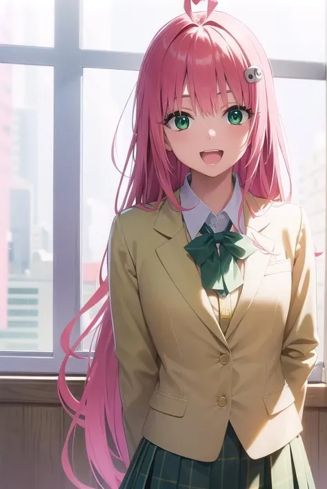 laladevilluke, <lora:laladeviluke-lora-nochekaiser:1>,
lala deviluke, long hair, pink hair, tail, ahoge, bangs, hair ornament, (green eyes:1.5), <lora:talkmouth_A_v100:0.8>, open mouth,
BREAK school uniform, white shirt, (yellow blazer:1.5), blazer, ribbon, green ribbon, pleated, pleated skirt, skirt, (green skirt:1.5),
BREAK indoors, classroom,
BREAK looking at viewer, (cowboy shot:1.5),
BREAK <lyco:GoodHands-beta2:1>, (masterpiece:1.2), best quality, high resolution, unity 8k wallpaper, (illustration:0.8), (beautiful detailed eyes:1.6), extremely detailed face, perfect lighting, extremely detailed CG, (perfect hands, perfect anatomy),
