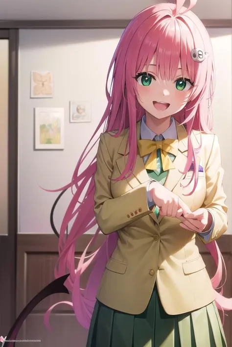 laladevilluke, <lora:laladeviluke-lora-nochekaiser:1>,
lala deviluke, long hair, pink hair, tail, ahoge, bangs, hair ornament, (green eyes:1.5), <lora:talkmouth_A_v100:0.8>, open mouth,
BREAK school uniform, white shirt, (yellow blazer:1.5), blazer, ribbon, green ribbon, pleated, pleated skirt, skirt, (green skirt:1.5),
BREAK indoors, classroom,
BREAK looking at viewer, (cowboy shot:1.5),
BREAK <lyco:GoodHands-beta2:1>, (masterpiece:1.2), best quality, high resolution, unity 8k wallpaper, (illustration:0.8), (beautiful detailed eyes:1.6), extremely detailed face, perfect lighting, extremely detailed CG, (perfect hands, perfect anatomy),