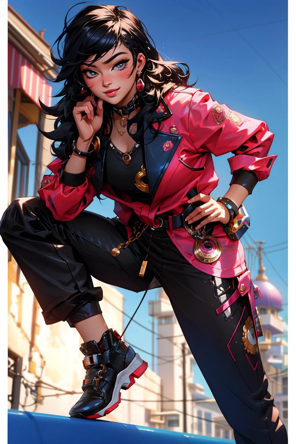 1girl, (figurativism art stylized by Isaac Maimon:1.3) and (Jackson Pollock:0.7) , symbolism art, masterpiece Airbrush painting, intricate background, Portrait of a Tough Contemporary overweight Moorish ([Gaff:James Brown:2]:1.3) , Gaff is doing Tai chi as a Top Gun movie character, ð, he has a very smug smile, dressed in a very Ridiculous Epochal Pink Kebaya and Intensive Cream Kikoi, his hair is [Charred:Fresh:10] and styled as Side-swept curls, Gaff has a Cute Singaporean Silver Keychain, Oppressive Ring, 20's city street and Earth in background, Winter, split diopter, Shameful, (Rainbow theme:0.7) , Post-Punk, Light caustics, F/14, three colors, Liminal dream, dark indigo palette, photo-realistic face, highly detailed face, Highres, UHD, ornate, chibi, gothic