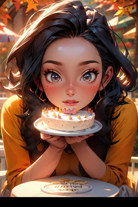 cute girl ************ is holding birthday cake in autumn park,  ultra detailed illustration, <lora:add_detail:1.2>