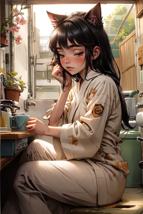 <lora:more_details:0.5>, (best quality:1.3), (masterpiece:1.3), 1girl, catgirl, short bathrobe, sleepy eyes, sitting by kitchen window, sunlight, trees, coffee mug