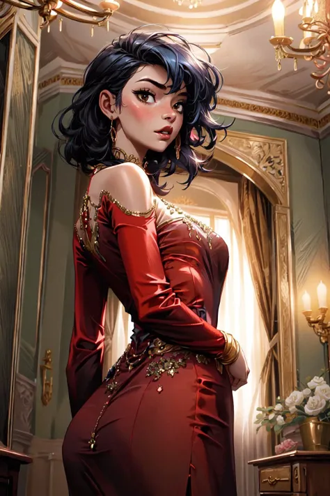 <lora:more_details:0.5>, (best quality:1.3), (masterpiece:1.3), 1girl, brown eyes, long blue hair, red gown, ballroom, chandelier, silk, curtains,