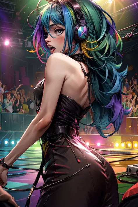 <lora:more_details:0.5>, (best quality:1.3), (masterpiece:1.3), 1girl, leaning forward, (rainbow hair:1.3), (dj:1.2), headphones, (dance club:1.2), dancing crowd, dancefloor, multicolored lights, (shouting:1.2), from behind