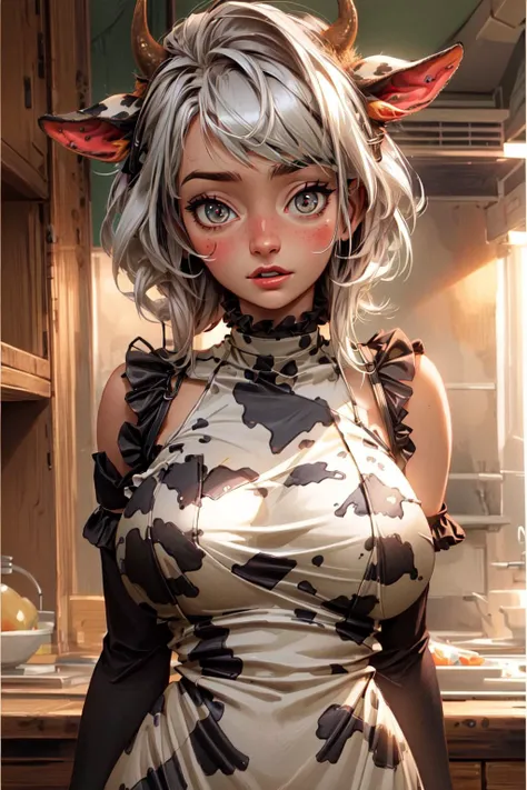 <lora:more_details:0.5>, (best quality:1.3), (masterpiece:1.3), (sfw:1.2), 1girl, cow ears, cow horns, white hair, (cow print dress:1.2), (frilled dress:1.2), (huge breasts:1.3), embarrassed, covering breasts,