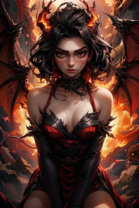 <lora:more_details:0.5>, (best quality:1.3), (masterpiece:1.3), fantasy, 1girl, black hair, red gown, curled horns, demon wings, kingdom of hell, fire, brimstone, darkness, molten rock