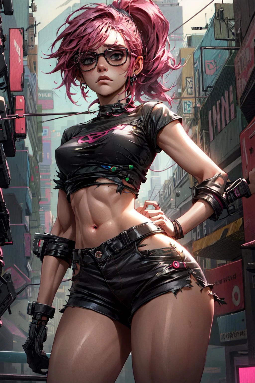 <lora:more_details:0.5>, (best quality:1.3), (masterpiece:1.3), cyberpunk, 1girl, pink hair, ponytail, torn black t-shirt, leather shorts, sunglasses, cybernetic arm, hand in hair, frown