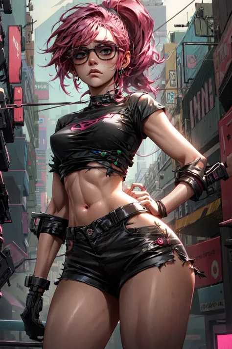 <lora:more_details:0.5>, (best quality:1.3), (masterpiece:1.3), cyberpunk, 1girl, pink hair, ponytail, torn black t-shirt, leather shorts, sunglasses, cybernetic arm, hand in hair, frown