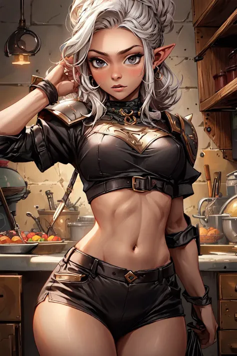 <lora:add_detail:0.4>, (best quality:1.3), (masterpiece:1.3), (intricate details:1.3), 1girl, (dark skin:1.3), elf ears, long white hair, high bun, large breasts, sexy leather armor, midriff, focused expression, dark dungeon, treasure chest