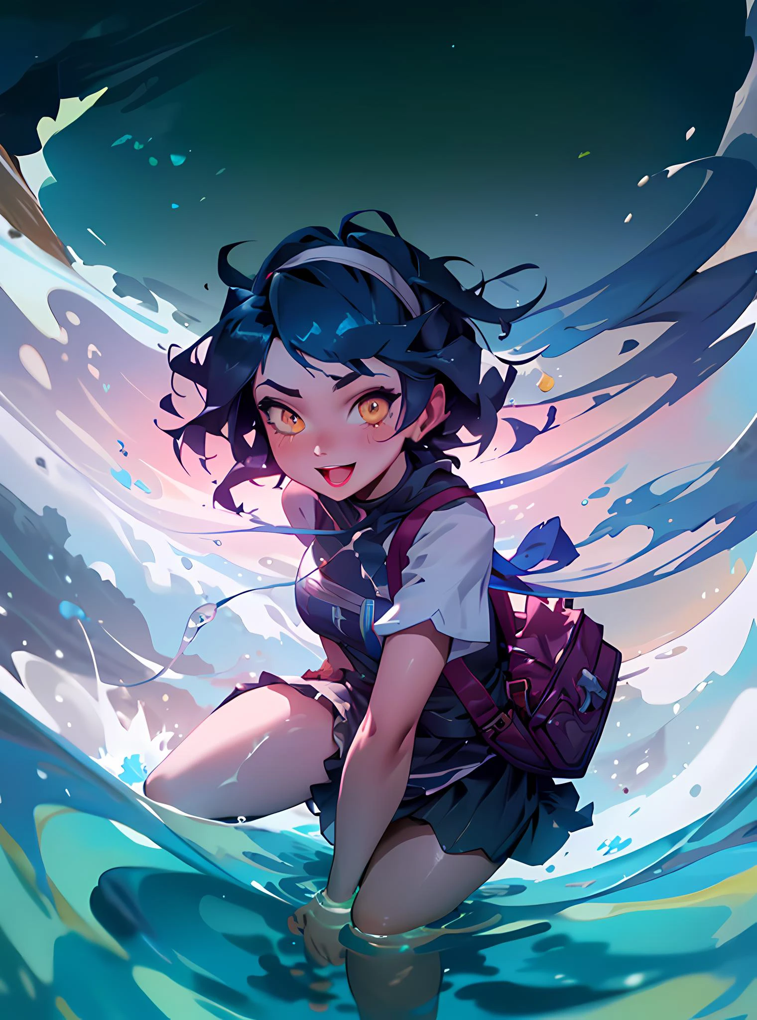 1girl, cute, cute pose, (black hair, wavy hair, yellow eyes), (skirt, dress, hairband, bag), curvy, looking away, smile, :D, breast focus, sexy, from below,
(detailed landscape, water, vibe, magic around, mistery:1.2), (background:1), (dynamic_angle:1.2), (dynamic_pose:1.2), (rule of third_composition:1.3), (dynamic_perspective:1.2), (dynamic_Line_of_action:1.2), solo, wide shot,
(masterpiece:1.2), (best quality, highest quality), (ultra detailed), (8k, 4k, intricate), (full-body-shot:1), (Cowboy-shot:1.2), (50mm), (highly detailed:1.2),(detailed face:1.2), detailed_eyes,(gradients),(ambient light:1.3),(cinematic composition:1.3),(HDR:1),Accent Lighting,extremely detailed,original, highres,(perfect_anatomy:1.2),