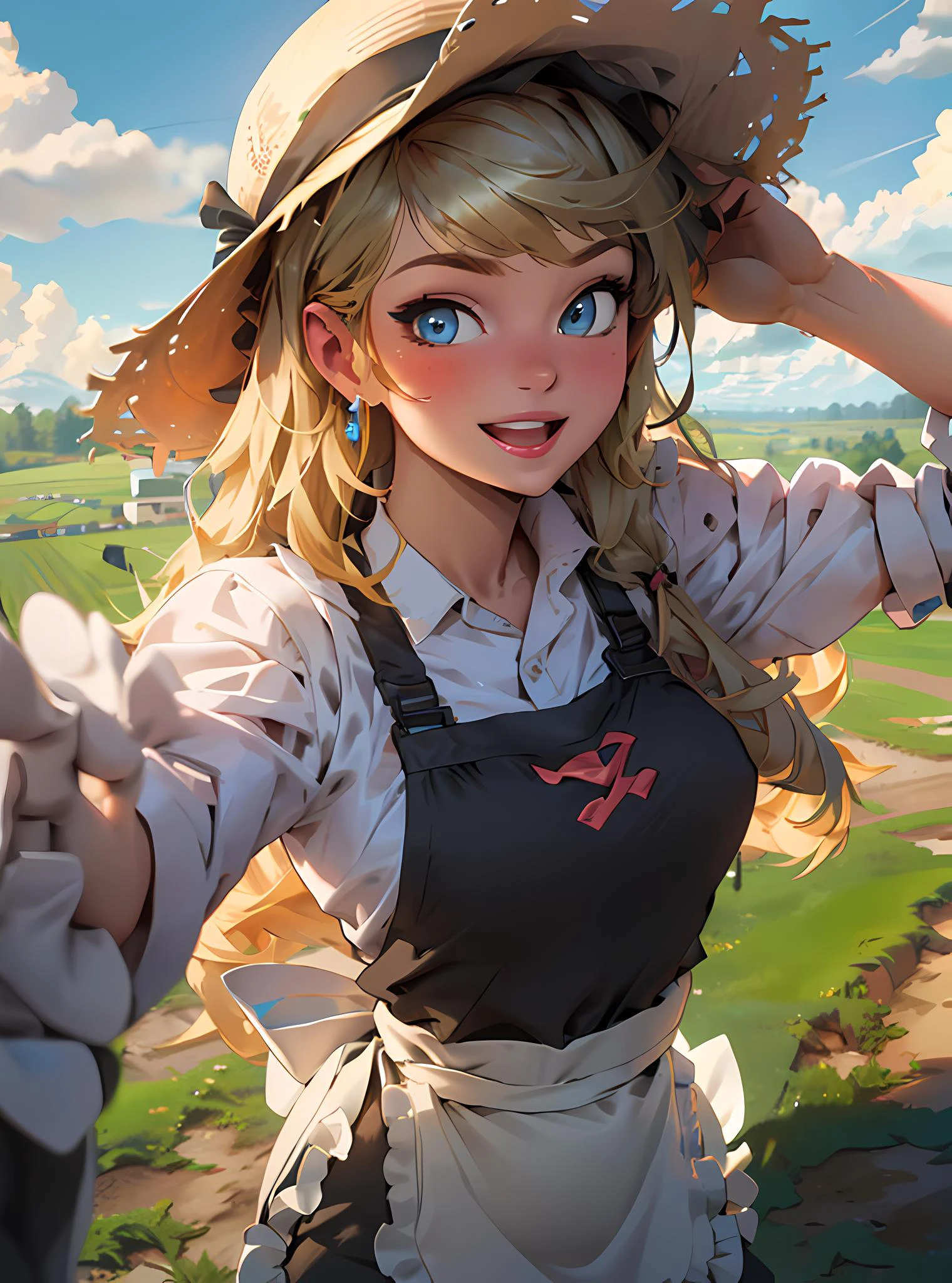 1girl, cute, cute pose, (long hair, blonde hair, blue eyes), (farm girl, apron, hat), tomboy, curvy, looking at viewer, smile, :D, breast focus, sexy, rural, (jumping, from above:1.3),
(detailed landscape, farm, fild, clouds:1.2), (background:1), (dynamic_angle:1.2), (dynamic_pose:1.2), (rule of third_composition:1.3), (dynamic_perspective:1.2), (dynamic_Line_of_action:1.2), solo, wide shot,
(masterpiece:1.2), (best quality, highest quality), (ultra detailed), (8k, 4k, intricate), (full-body-shot:1), (Cowboy-shot:1.2), (50mm), (highly detailed:1.2),(detailed face:1.2), detailed_eyes,(gradients),(ambient light:1.3),(cinematic composition:1.3),(HDR:1),Accent Lighting,extremely detailed,original, highres,(perfect_anatomy:1.2),