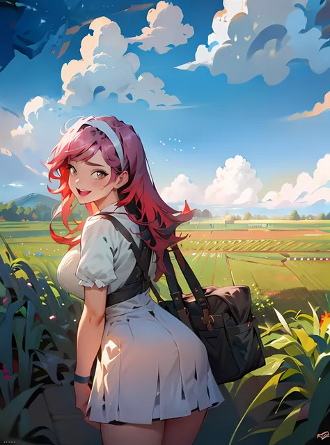 1girl, cute, cute pose, (long hair, pink hair, brown eyes), (skirt, dress, hairband, bag), curvy, looking away, smile, :D, breast focus, sexy, from below, 
(detailed landscape, farm, fild, clouds:1.2), (background:1), (dynamic_angle:1.2), (dynamic_pose:1.2), (rule of third_composition:1.3), (dynamic_perspective:1.2), (dynamic_Line_of_action:1.2), solo, wide shot,
(masterpiece:1.2), (best quality, highest quality), (ultra detailed), (8k, 4k, intricate), (full-body-shot:1), (Cowboy-shot:1.2), (50mm), (highly detailed:1.2),(detailed face:1.2), detailed_eyes,(gradients),(ambient light:1.3),(cinematic composition:1.3),(HDR:1),Accent Lighting,extremely detailed,original, highres,(perfect_anatomy:1.2),