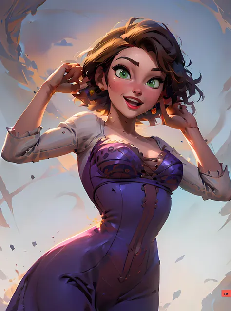 (RapunzelWaifu:1), 1girl, cute, cute pose, (short hair, brown hair, green eyes), (purple dress), curvy, looking at viewer, smile, :D, breast focus, sexy, retro,
(simple background:1.2), (background:1), (dynamic_angle:1.2), (dynamic_pose:1.2), (rule of third_composition:1.3), (dynamic_perspective:1.2), (dynamic_Line_of_action:1.2), solo, wide shot,
(masterpiece:1.2), (best quality, highest quality), (ultra detailed), (8k, 4k, intricate), (full-body-shot:1), (Cowboy-shot:1.2), (50mm), (highly detailed:1.2),(detailed face:1.2), detailed_eyes,(gradients),(ambient light:1.3),(cinematic composition:1.3),(HDR:1),Accent Lighting,extremely detailed,original, highres,(perfect_anatomy:1.2),
<lora:RapunzelShortHair_Character-10:0.8>