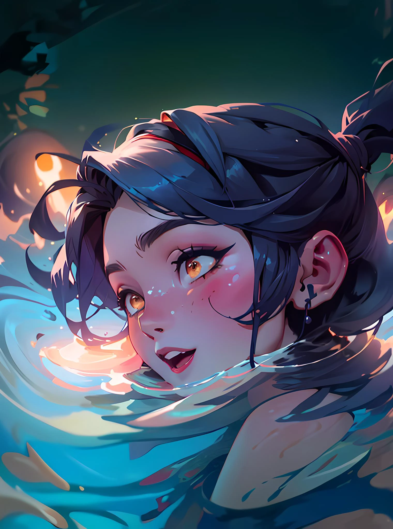 1girl, cute, cute pose, (black hair, wavy hair, yellow eyes), (skirt, dress, hairband, bag), curvy, looking away, smile, :D, breast focus, sexy, from below, 
(detailed landscape, water, vibe, magic around, mistery:1.2), (background:1), (dynamic_angle:1.2), (dynamic_pose:1.2), (rule of third_composition:1.3), (dynamic_perspective:1.2), (dynamic_Line_of_action:1.2), solo, wide shot,
(masterpiece:1.2), (best quality, highest quality), (ultra detailed), (8k, 4k, intricate), (full-body-shot:1), (Cowboy-shot:1.2), (50mm), (highly detailed:1.2),(detailed face:1.2), detailed_eyes,(gradients),(ambient light:1.3),(cinematic composition:1.3),(HDR:1),Accent Lighting,extremely detailed,original, highres,(perfect_anatomy:1.2),