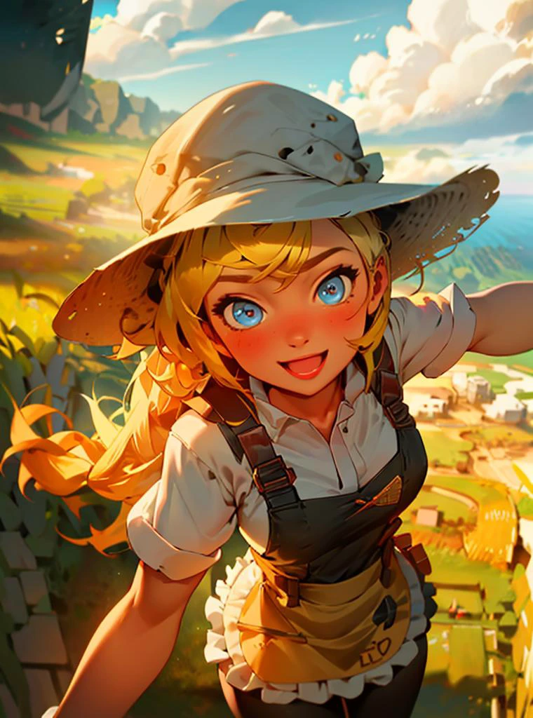 1girl, cute, cute pose, (long hair, blonde hair, blue eyes), (farm girl, apron, hat), tomboy, curvy, looking at viewer, smile, :D, breast focus, sexy, rural, (jumping, from above:1.3),
(detailed landscape, farm, fild, clouds:1.2), (background:1), (dynamic_angle:1.2), (dynamic_pose:1.2), (rule of third_composition:1.3), (dynamic_perspective:1.2), (dynamic_Line_of_action:1.2), solo, wide shot,
(masterpiece:1.2), (best quality, highest quality), (ultra detailed), (8k, 4k, intricate), (full-body-shot:1), (Cowboy-shot:1.2), (50mm), (highly detailed:1.2),(detailed face:1.2), detailed_eyes,(gradients),(ambient light:1.3),(cinematic composition:1.3),(HDR:1),Accent Lighting,extremely detailed,original, highres,(perfect_anatomy:1.2),
