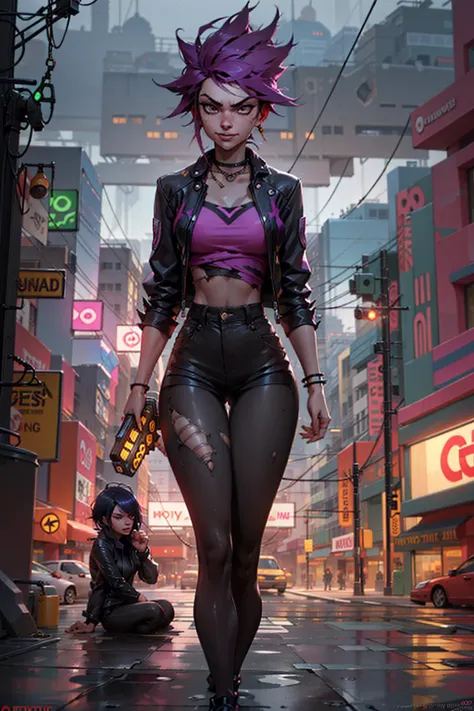 woman on rainy cyberpunk streets, leather jacket with spikes, torn pink shirt, purple pants, mohawk, angry, punk, cyberpunk, yellow hover taxi, cinematic, movie still, smile, busty, buxom