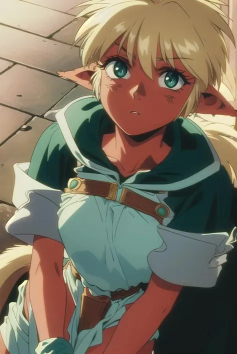 refam, <lyco:fam-lyco-nochekaiser:1>,
fam, blonde hair, (green eyes:1.5), pointy ears, dark skin, dark-skinned female, elf, long pointy ears, (retro artstyle:1.5), (1990s \(style\):1.5),
BREAK tail, short sleeves, wristband, pelvic curtain,
BREAK looking at viewer,
BREAK outdoors,
BREAK <lyco:GoodHands-beta2:1>, (masterpiece:1.2), best quality, high resolution, unity 8k wallpaper, (illustration:0.8), (beautiful detailed eyes:1.6), extremely detailed face, perfect lighting, extremely detailed CG, (perfect hands, perfect anatomy),
