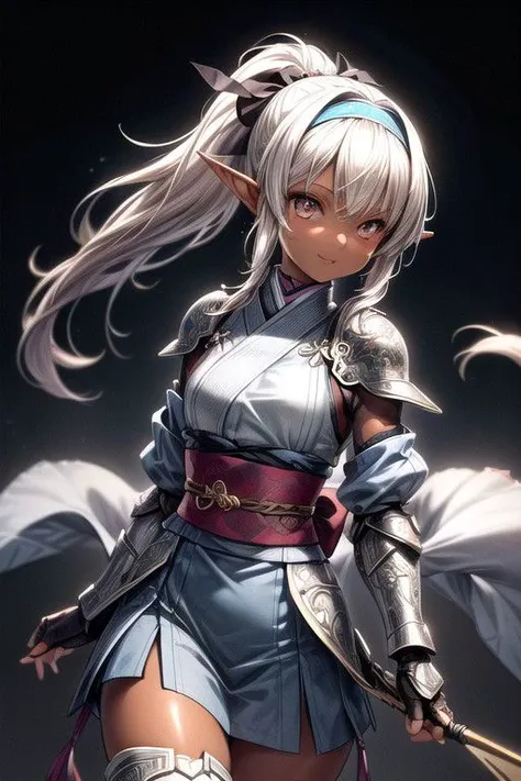 , 1girl,ponytail, (Grey eyes Gray eyes),<lora:GoodHands-vanilla:1>, kimono,blonde hair, <lora:Chole-10:0.9>, (Covered Body), Ponytail, hairband, (Medium), (Small), (blue dress, fur trim, armor, fingerless gloves, sash, brown boots), happy smile,brown skin, dark skin, pointy ears, elf ears, ribbon, hairband, bangs, (Bodysuit, pauldrons, armor) (masterpiece:1.1)intricate eyes,beautiful detailed eyes,symmetrical eyes, (dark-skinned female:1.2), (glowing eyes:1) cute, dark skin, adorable, happy, (centered,scale to fit dimensions,Rule of thirds), (ultra detailed,extremely detailed),(photorealistic artwork:1.37),(extremely detailed CG unity 8k wallpaper),(((vibrant colors,vibrant theme))),(intricate),(masterpiece),(best quality),