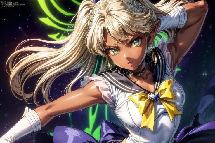 fam, blonde hair, (green eyes:1.5), pointy ears, dark skin, dark-skinned female, elf, long pointy ears, (retro artstyle:1.5), (1990s \(style\):1.5), hair ribbon, sailor senshi uniform, sailor collar, chest bow, back bow, plead skirt, white elbow gloves(masterpiece:1.1)intricate eyes,beautiful detailed eyes,symmetrical eyes, (glowing eyes:1), ((((lustrous skin:1.5,tanned skin,bright skin: 1.5,skin tanned,shiny skin,very shiny skin,shiny body,Reflective skin)))),narrow waist,wide hip,athletic body,inflated legs,thick thighs,(detailed face)),beautiful detailed lips, cute,(centered,scale to fit dimensions,Rule of thirds), (ultra detailed,extremely detailed),(photorealistic artwork:1.37),(extremely detailed CG unity 8k wallpaper),(((vibrant colors,vibrant theme))),(intricate),(masterpiece),(best quality),