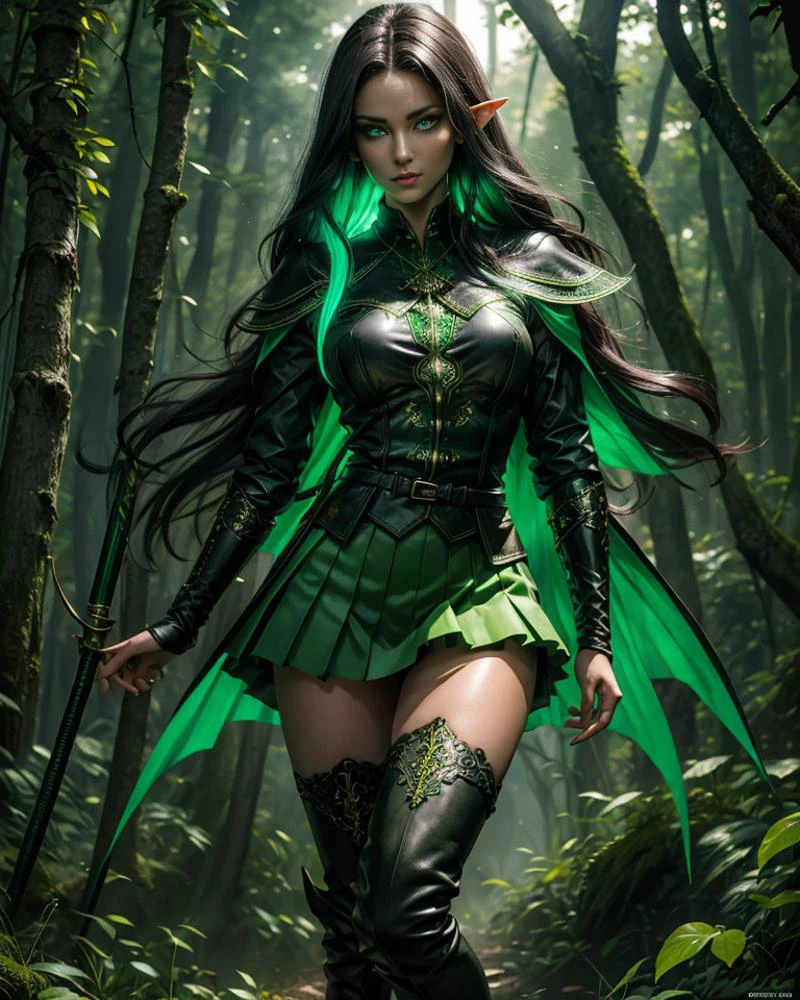 ((masterpiece, best quality, highres, realistic, best quality,)) Perfect Face, (detailed face). <lora:goodhands:0.7> good hands, <lora:add-detail-xl:0.8> , female Elf stands tall, pale luminescent skin, ((glowing green eyes)), Short and stylish messy black hair, framing her delicate features, boots, black thigh high boots, forest-green jacket adorned with silver embroidery depicting arcane symbols. grey frilly shirt, short green skirt. <lora:Thighhighboots-V1:0.6> <lora:glowart_v2:0.4>