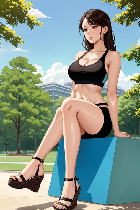 wedge heels, <lora:WedgeHeels-V1:1>, cleavage, sports bra, detailed face, colorful clothing, park, sky, trees
