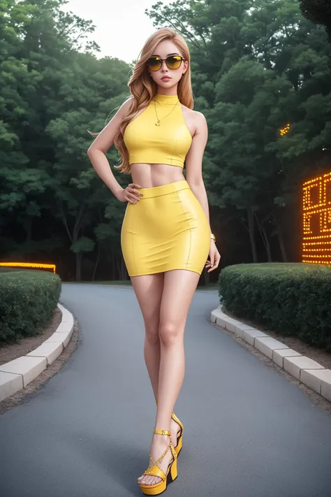 wedge heels, <lora:WedgeHeels-V1:1>, from_above, crop top, detailed face, yellow bodycon tank top, hair, park, sky, trees, pale skin, moonlight, stars, 1girl, statement sunglasses, woman,petite, vivid colors, bokeh background, subject for emphasis,dramatic colors,