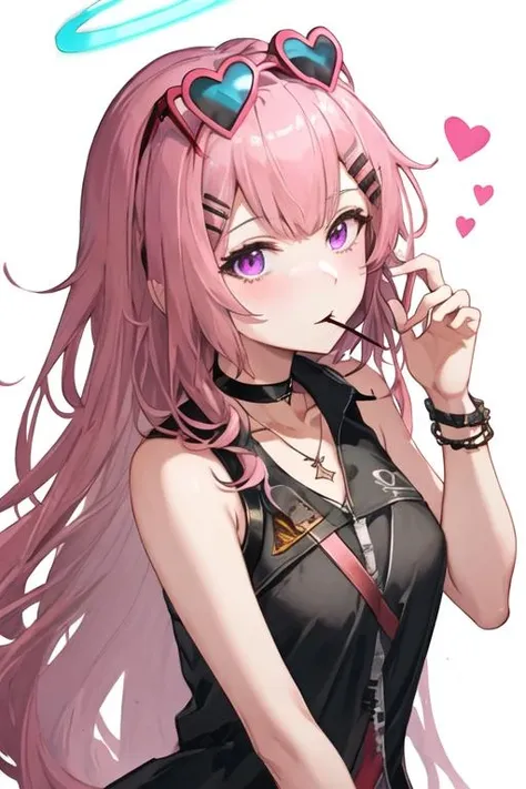 best quality, masterpiece, highres, solo, {ambriel_arknights:1.15}, long_hair, pink_hair, bangs, one_side_up, halo, hair_ornament, hairclip, food, purple_eyes, upper_body, pocky, mouth_hold, 1girl, choker, eyewear_on_head, heart, jewelry, necklace, shirt, simple_background, sleeveless, sunglasses, white_background, black_choker, heart-shaped_eyewear, looking_at_viewer, infection_monitor_\(arknights\), breasts, pink_eyes, very_long_hair