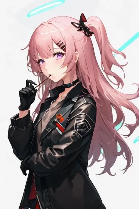best quality, masterpiece, highres, solo, {ambriel_arknights:1.15}, long_hair, pink_hair, bangs, one_side_up, halo, hair_ornament, hairclip, food, purple_eyes, upper_body, pocky, mouth_hold, 1girl, black_choker, black_gloves, black_jacket, choker, food_in_mouth, gloves, jacket, long_sleeves, shirt, simple_background, grey_shirt, looking_at_viewer, open_clothes, open_jacket, white_background, hands_on_own_cheeks, hands_on_own_face, musical_note, pink_eyes