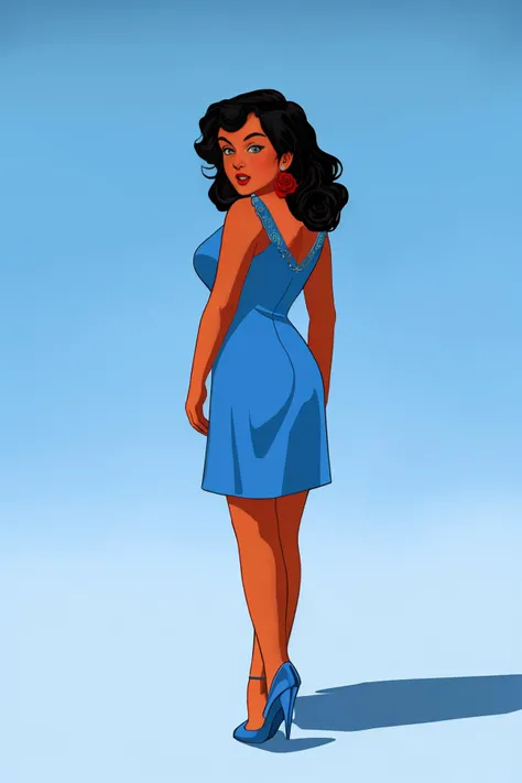 StefanoRiboli_ArtStyle, vintage painting, woman from behind, short wavy blue dress, blue high heels, plain blue background, black hair with a red rose,
<lora:StefanoRiboli_ArtStyle:1>, intricate details, hyperdetailed, cinematic, realistic, masterpiece