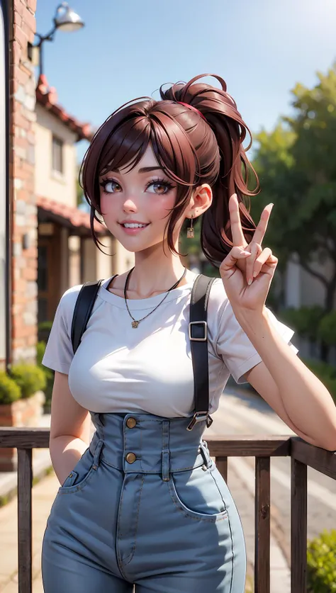 ,1girl, dark red hair, short sleeves, crew neck,  short ponytail, long bangs,  breasts, brown eyes, building, countryside, railing,     high-waist pants, lips, looking at viewer, pants, solo, standing, , smile, makeup, peace sign
masterpiece, best quality, artgem, digital art ,  <lora:add_sharpness:1>  <lora:madisonbeer:1> madisonbeer, 3d, 3d background,