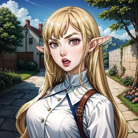 <lora:AromaStyle-V9:0.5>, blonde hair, long bangs, 1girl, very long hair, thick eyebrows, pointy ears, elf, huntress outfit, nature, outdoors, scenery, makeup, long eyelashes, stone wall, open mouth,
masterpiece, best quality, intricate detail, sketch, outline, anime screencap, anime art,
<lora:add_sharpness:1> <lora:add_detail:0.5>