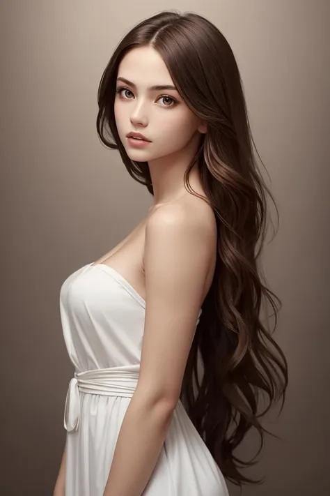 1girl,solo,long hair,brown hair,looking at viewer,realistic,Pure bule fashion background,brown eyes,dress,bare shoulders,upper body,lips,parted lips,white dress,strapless,from side,looking to the side,breasts,masterpiece,best quality,high quality,<lora:add_sharpness:0.5>,face focus,fashion photography,