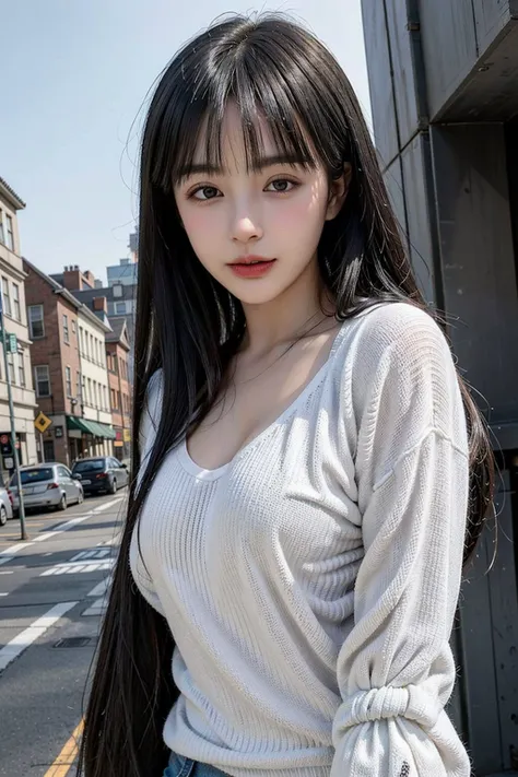 (8k, RAW photo, best quality, masterpiece:1.2), yjnn, 1girl, 3d, black hair, building, city, coat, looking at viewer, realistic, shirt, solo,(realistic, photo realistic:1), <lora:yjnn_1:0.6>